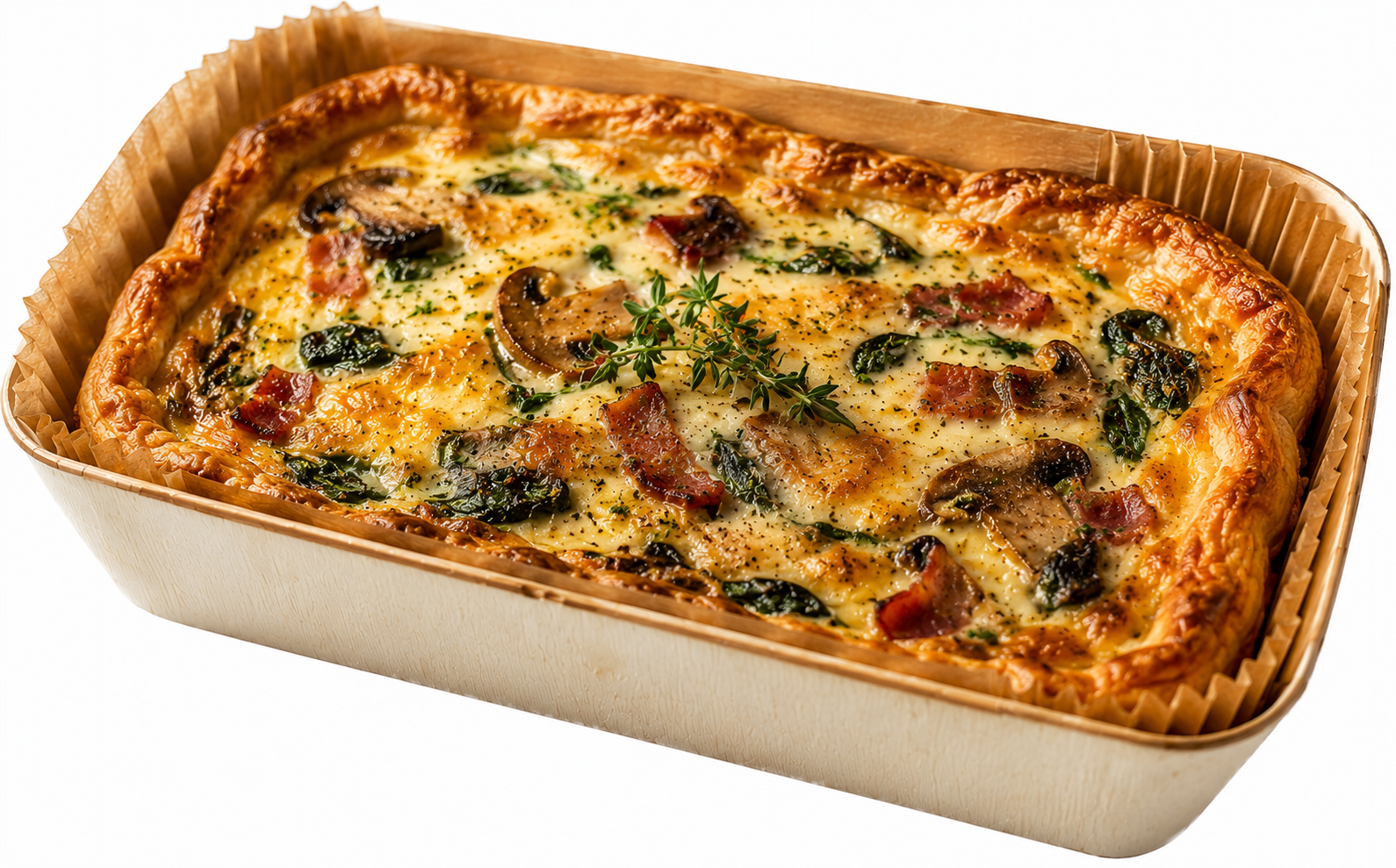 Quiche horneada en barqueta de madera